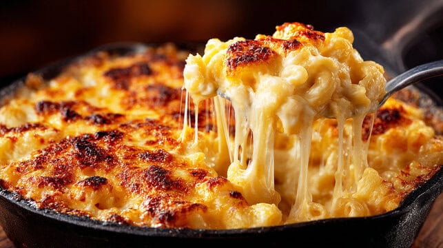 Baked mac and cheese in a blend of melted cheeses at Preva Kitchen Redford MI