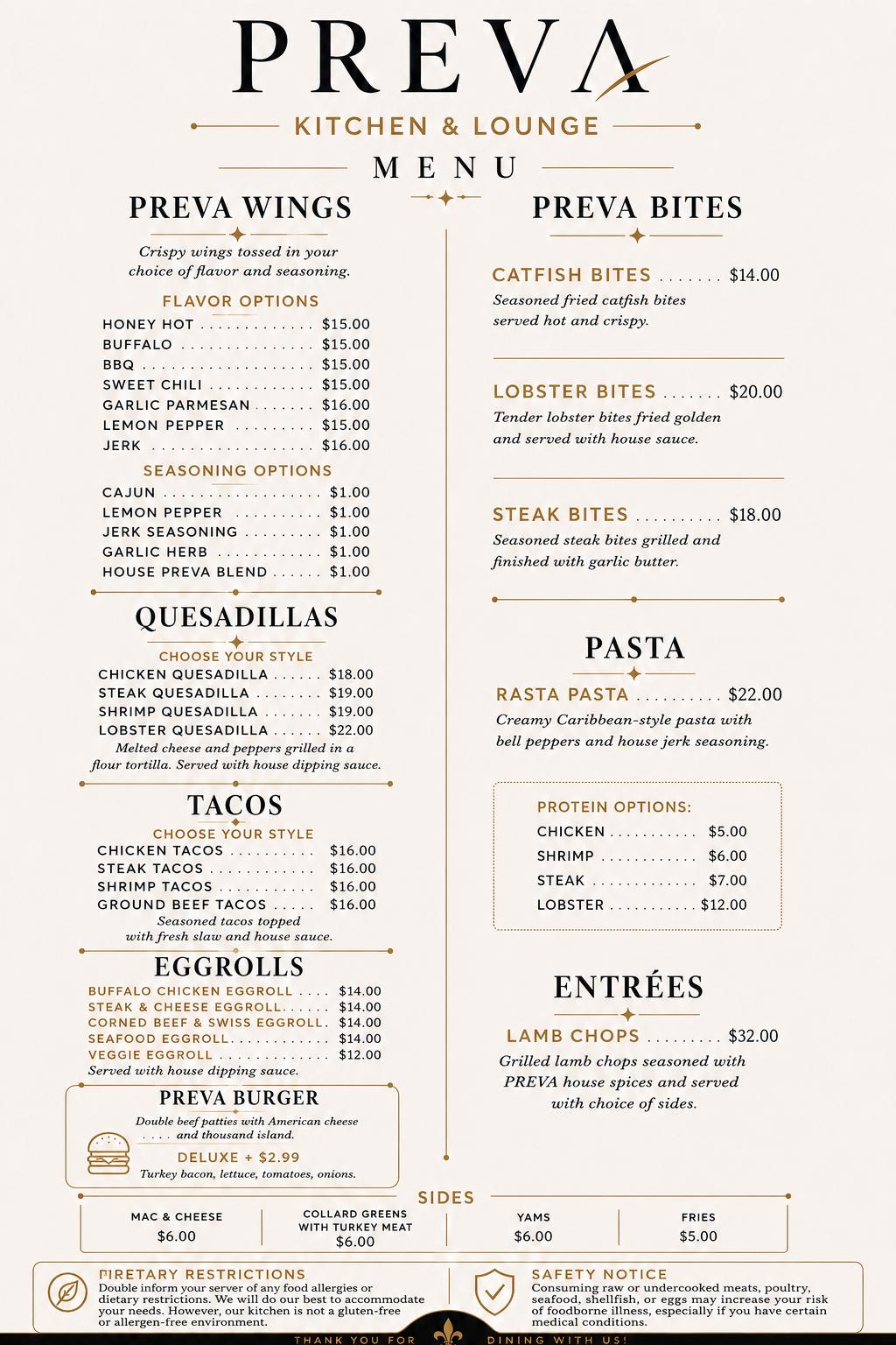 Preva Kitchen Menu